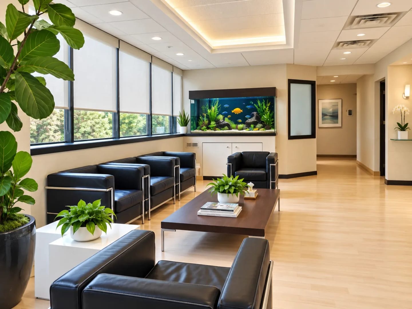Waiting room with leather seating, plants and a large aquarium